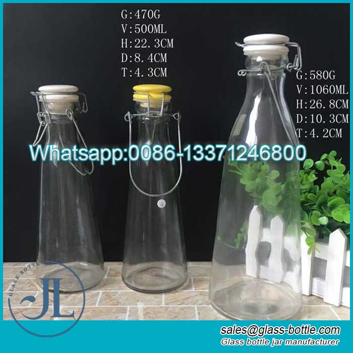 1 Litre Glass Milk Bottle with Ceramic Flip & Wire Carry handle