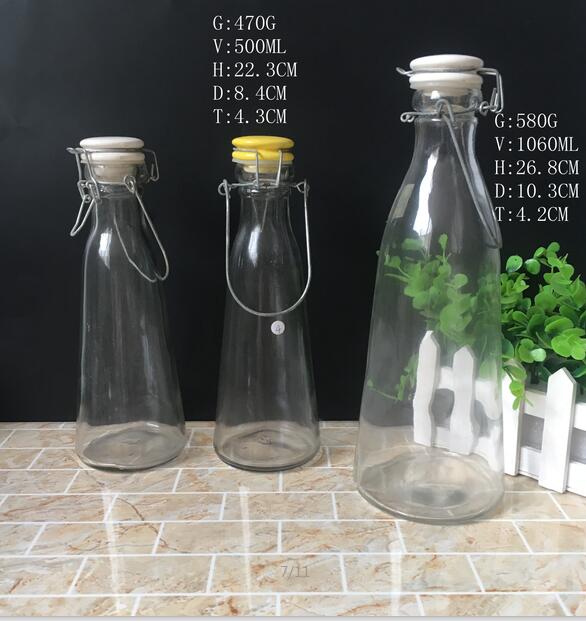 1 Litre Home Made Glass Milk Bottle with Ceramic Flip with Wire Carry ...