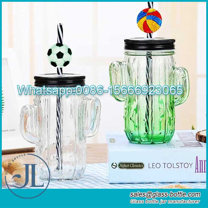 Cactus Mason Jar Drinking Mug Glasses with Assorted Lid and Straw