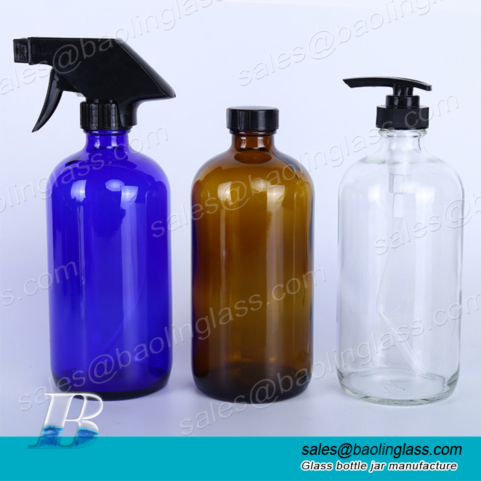 500ml/17oz Boston Blue or Amber Glass Spray Bottle with Black Trigger