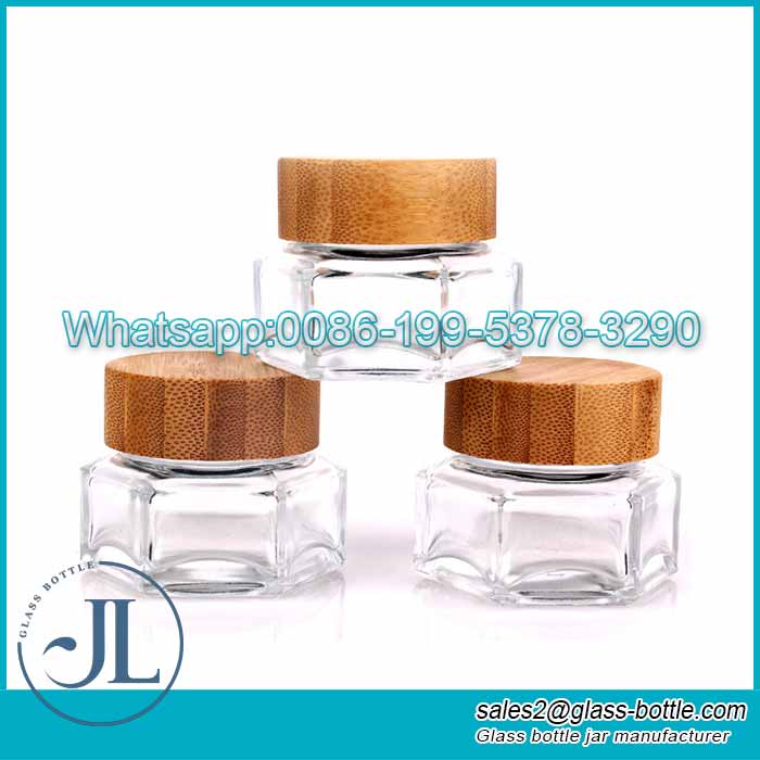 Custom 50g hexagon glass cream jar with bamboo lid