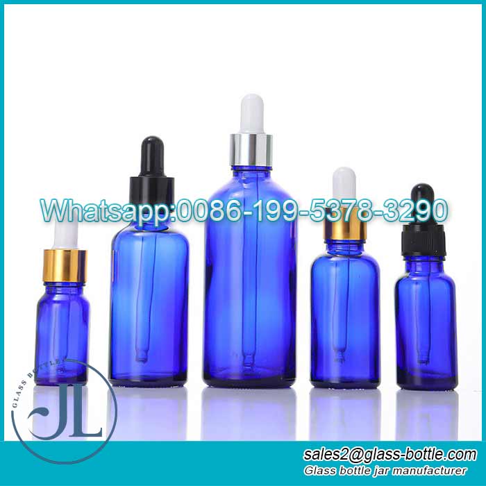 Wholesale 10ml 20ml 30ml Luxury Empty Blue Graduated Essential Oil/Cosmetic Glass Dropper Bottle with Pipette