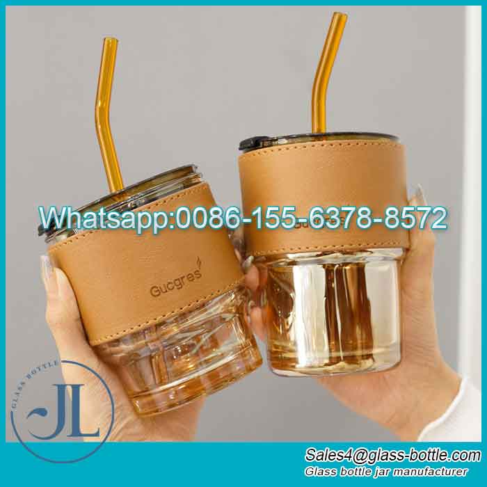 15oz Travel Glass Bamboo Joint Cup with Leather Sleeve Supplier