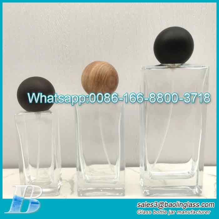 Thin tall rectangular spray perfume glass bottle with wooden cap wholesale