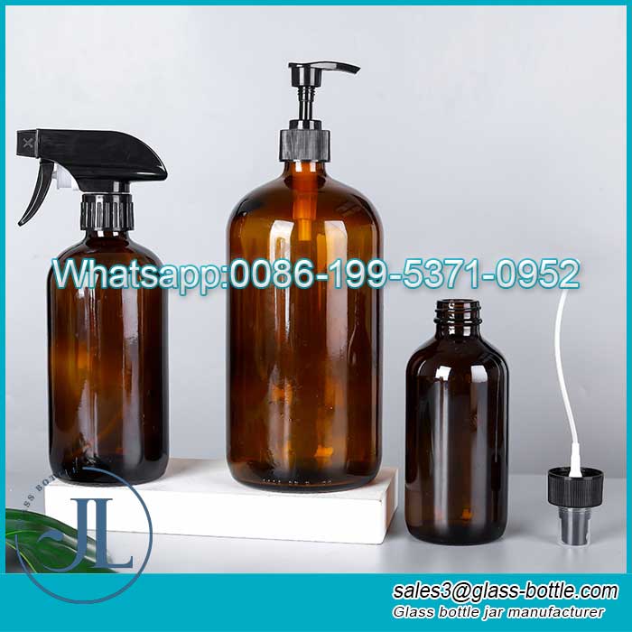 4oz Amber Boston Round Glass Bottle With Black Pump suppliers