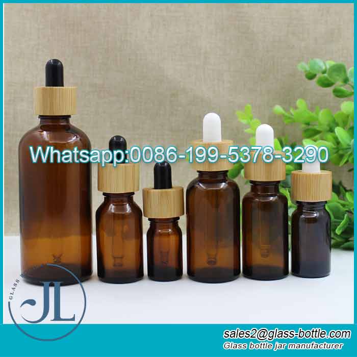 5ml-50ml Amber glass essence oil bottle with bamboo dropper lid