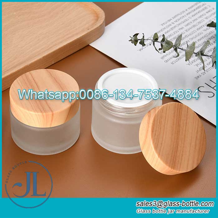 Small Glass Cosmetic Cream Jar with Imitation Wood Cover