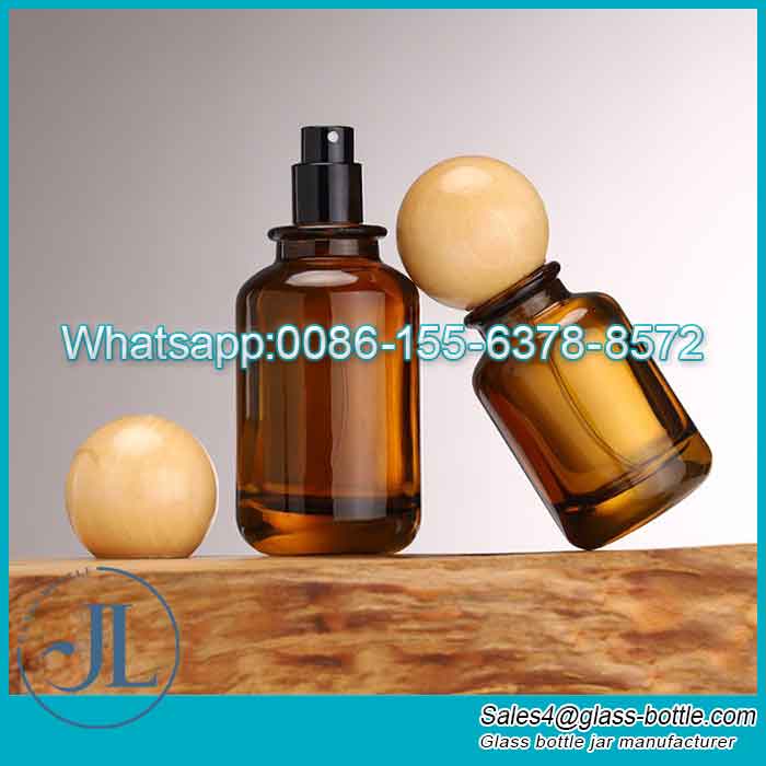 Wood Ball Cover Round Shoulder Perfume Atomizer Glass Bottles