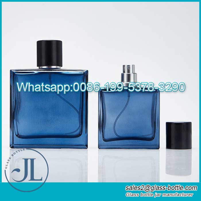 Luxury 50ml-100ml blue square glass perfume bottle factory